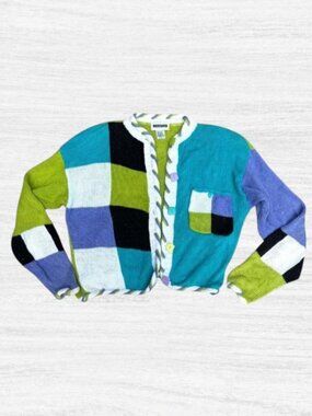 Gantos Vintage 80s 90s Colorblock Geometric Cardigan Sweater Blue Green